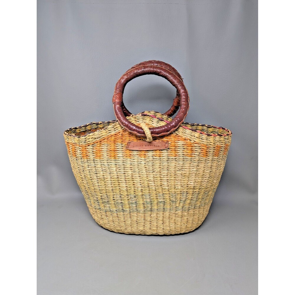 Bolga Baskets International Handwoven African Market Tote Bag Leather Handles
